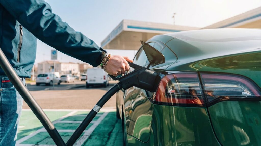 uomo fa rifornimento elettrico ad un auto